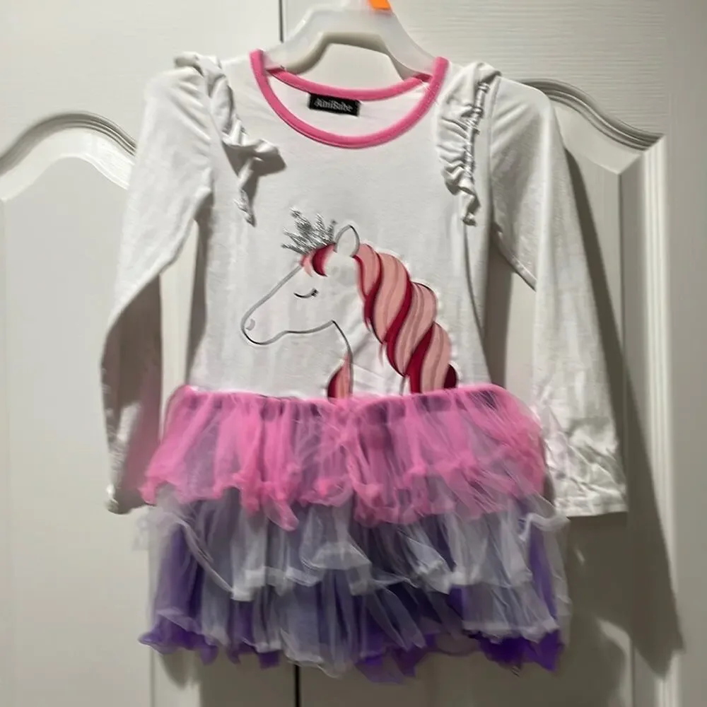Ainibabe unicorn tulle tiered dress guc pink purple white ruffled sleeve
